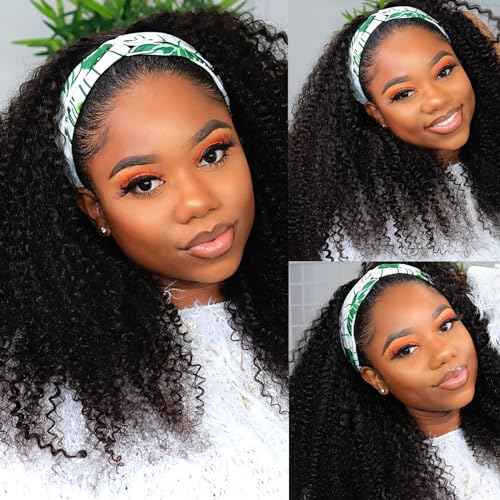 Kinky Curly Headband Wigs Curly Headband Wig Human Hair for Black Women 150% Density Headband Wig Human Hair Glueless None Lace Front Wigs Headband Half Wigs Natural Color 20Inch