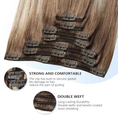 COOKAYU Clip in Hair Extensions Human Hair, 8/60 Ash Brown to Platinum Blonde Ombre Real Hair Extensions Clip in Human Hair, 20inch 120g 7Pcs