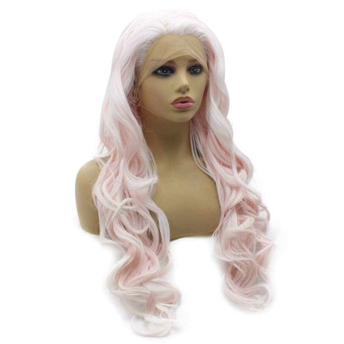 iwonawig Long Wavy Lace Wigs White Pink Half Hand Tied Synthetic Lace Front Halloween Heat Resistant Wig