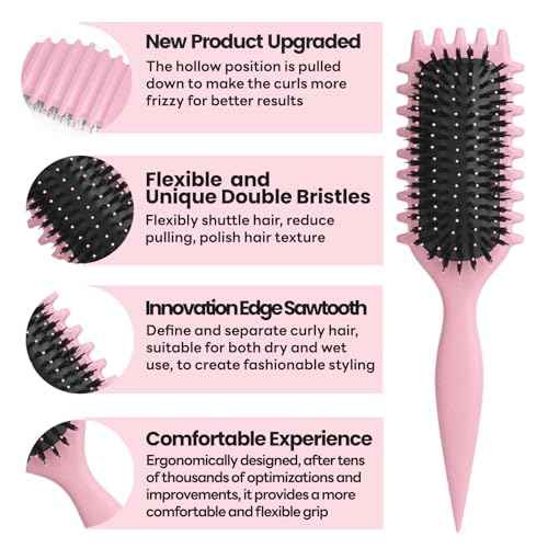 Curl Defining Brush, Multi Purpose Styling Brush for Separating, Combing and Curling Hair to Reduce Pulling (Pink)