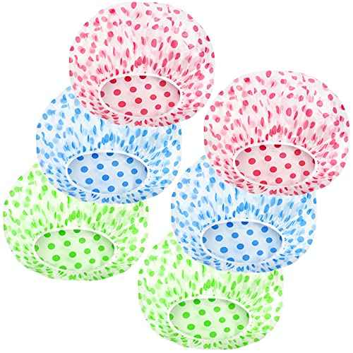 Shower Cap, Reusable Shower Hat Bath Caps, Waterproof with Elastic Band Hair Hat for Men Women Ladies Spa Salon, Coloful Dotted, 6 Packs
