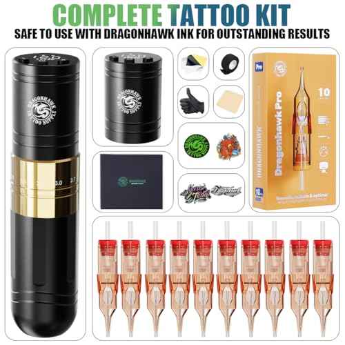 Dragonhawk A2 Wireless Tattoo Pen Kit with 2 Batteries ? Adjustable Stroke 2.4-4.2mm, Powerful Mcore-A Motor, Quiet Rotary Tattoo Gun for Lining & Shading