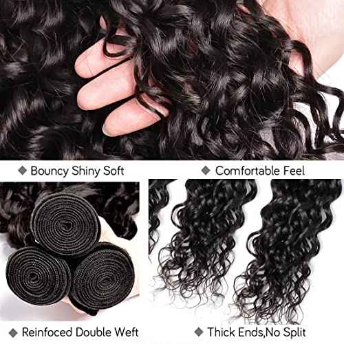 Human Hair Bundles with Closure Water Wave(16 18 20+14,Free Part) Brazilian Virgin Human Hair 3 Bundles and Closure Wet and Wavy Natural Color