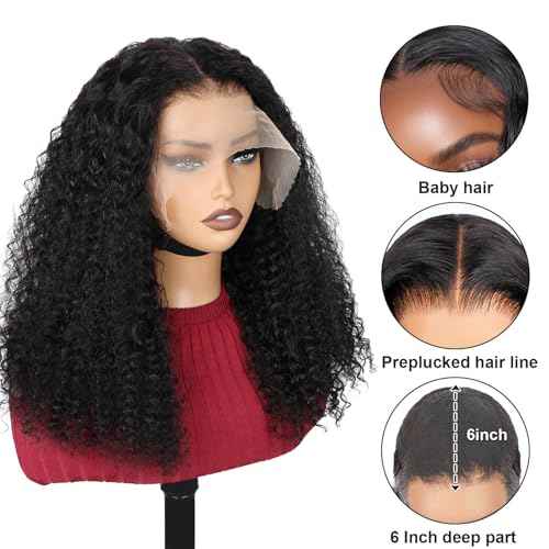Kinkycurly Wig Human Hair 13x6 Lace Front Wigs Human Hair Afro Kinky Curly Wig 18 inch Pre Plucked 180% Density Black Jerry Curly Afro Kinky-Curly Natural Hairline Full Bouncy Thick Average Size