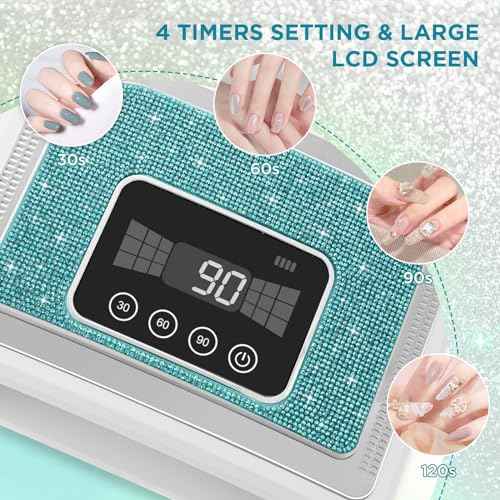 Aedavey Cordless Nail Lamp, Rechargeable UV Nail Lamp for Gel Nails, LED Nail Lamp with 4 Timer Modes, Gel Nail Light Decorate with Sparkling Nail Rhinestones Diamond (Sparkly Blue Diamond)