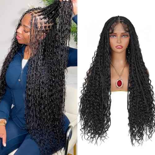 36 Inch Long Boho Knotless Braided Wigs For Women Natural Black 100% Hand Tied 13x6 Bohemian Boho Box Braids Lace Front Wig Synthetic Braid Wig With Baby Hair (Natural Color Braided Wigs, 36 Inch)
