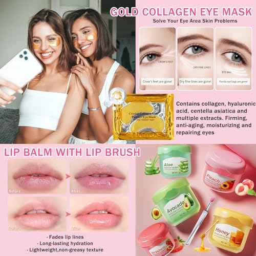 50 PCS Spa Party Supplies for Girls & Women, Facial Masks- Hand Cream- Lip Balm- Bath Bomb- Eye Mask- Compressed Towel- Hair Ties- Lip Brush- Organza Bags, Spa Kit for Birthday, Sleepover, Spa Day