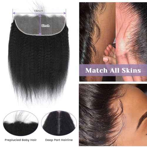 Kinky Straight 13x6 Frontal Yaki Straight Lace Frontal 100% Human Hair HD Transparent Lace Frontal Kinky Hair Frontal 13x6 Yaki Hair Closure Natural Black 1B Color 12 Inch 150% Density