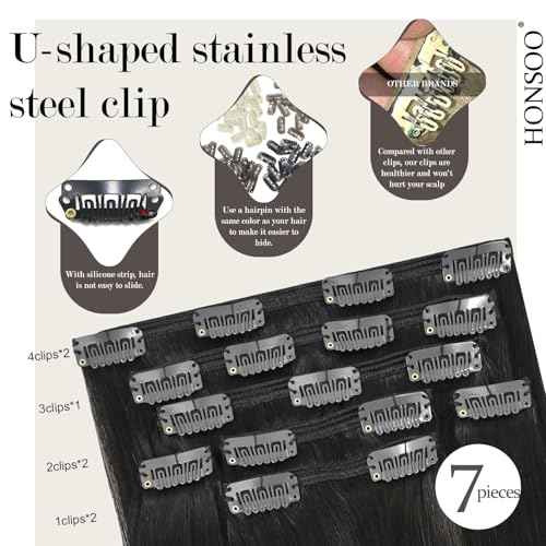 Honsoo Brown Clip In Real Human Hair Extensions 20in 7pcs Dark Brown Natural Remy Soft Long Human Hair Extensions