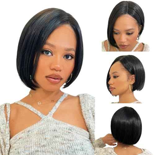 Exotic Bob Wig for Black Women - Snug Fit Cap, Handcrafted Airy Bangs, Seamless Lace Front, Asymmetrical, Rounded Nape, Glueless, Hypoallergenic, Heat Resistant (Natural Black)