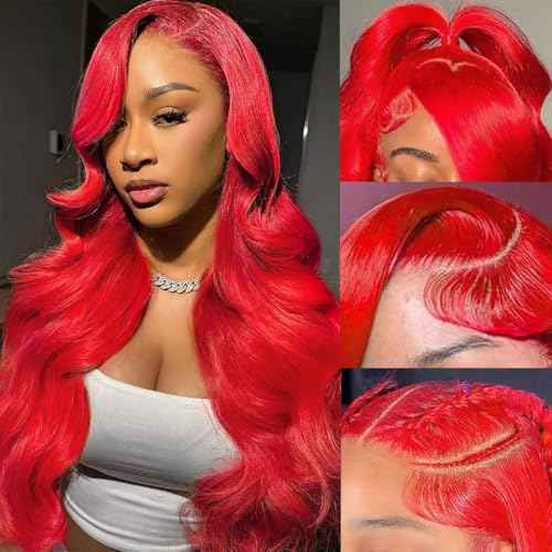 28 Inch Red Lace Front Wigs Human Hair 200 Density Red Body Wave 13x6 Lace Front Wigs Human Hair Pre Plucked 13x6 Colored HD Lace Frontal Glueless Wigs Human Hair for Women