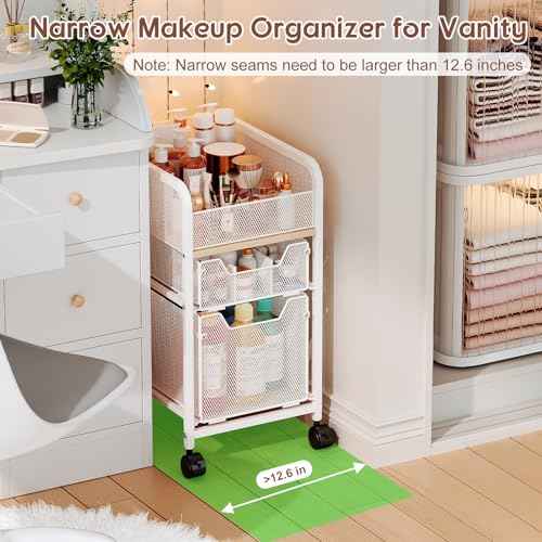 Rolling Makeup Cart Organizer with 2 Drawers, Narrow Floor Skincare Organizers, Vanity Organizer Cosmetics Display Cases Holder for Skin Care Nail Polish Perfume Makeup Brush, White