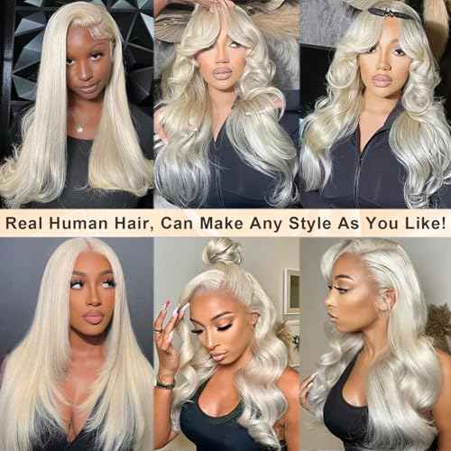 Platinum Blonde Lace Front Wig Human Hair 13x6 HD Transparent Lace Frontal White Blonde Pre Plucked Natural Hairline for Black Women 180% Density Straight Wear and Go Glueless Wigs Human Hair 22 Inch
