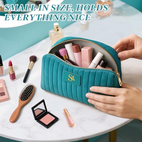 Monogrammed Make Up Bags for Women,Personalized Cosmetic Bags Women,Small Quilted Makeup Pouch,Cute Makeup Bag Travel,Birthday Gifts for Teen Girl (Blue S)