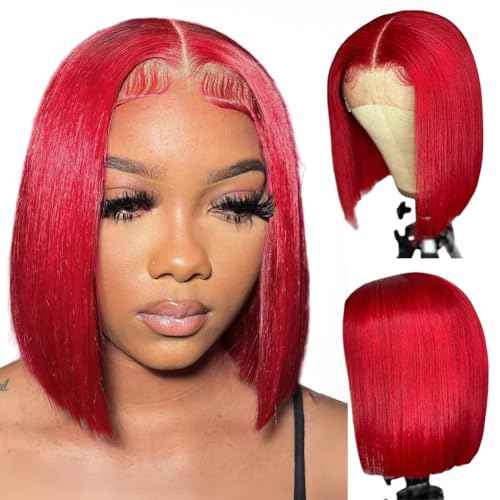 Red Bob Wigs Human Hair Pre Plucked Red Lace Front Wigs Human Hair for Black Women 180% Density Wear and Go Glueless 13x4 HD Transparent Lace Frontal Straight Short Bob Wigs 8 Inch