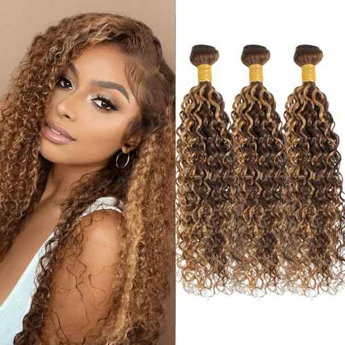 Blonde Highlight Bundles Human Hair 12 14 16 Inch Water Wave Bundles Brazilian Virgin Hair Weave 3Bundles Hair Deal£¨Brown and Blonde #P4/27£©