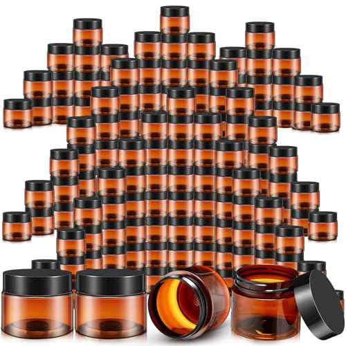SATINIOR 100 Pcs Plastic Jars with Lids Small Containers Lids Wide Mouth Small Plastic Containers for Lotion Cream Rhinestones Body Butters Travel Storage(8 oz, Amber)