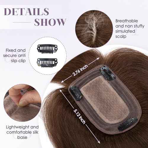 Hair Toppers for Women Real Human Hair 16 Inch Long Straight Toppers for Women with Thinning 7 * 13CM Silk Base Clip in Hairpieces with Bangs (Medium Brown)