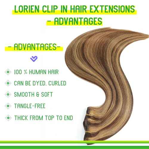 LORIEN Clip in Hair Extensions Real Human Hair, 14 Inch 80g, 4/27 Chocolate Brown to Caramel Blonde Color, Clip in 100% Brazilian Remy Human Hair Extensions 8pcs Per Set with 18 Clips Double Weft