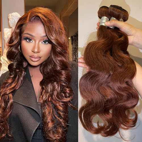 Reddish Brown Bundles Body Wave Human Hair Auburn Brown Copper Red Color 12A Brazilian Virgin Remy Wavy Hair Soft Thick Sew In Weave 3 Bundles 33B Color 14 16 18 Inch