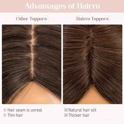 Hairro Real Human Hair Toppers, Clips in 100% Human Hairpieces for Women, 3.15"x3.94" Silk Base for Covering Thinning/Greyish Hair on Top, 14 Inch Brunette Brown