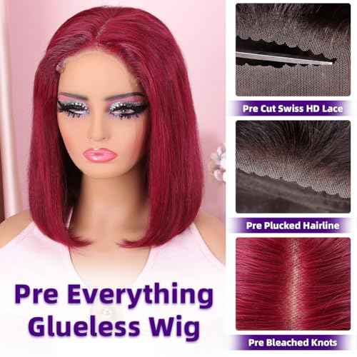 Burgundy Bob Wig Human Hair 5x5 HD Lace Closure Wigs Human Hair Glueless Straight Bob Wigs for Black Women Pre Plucked and Pre Bleached Knots Pre Cut Wear and Go 200 Density 12 Inch Short Wig