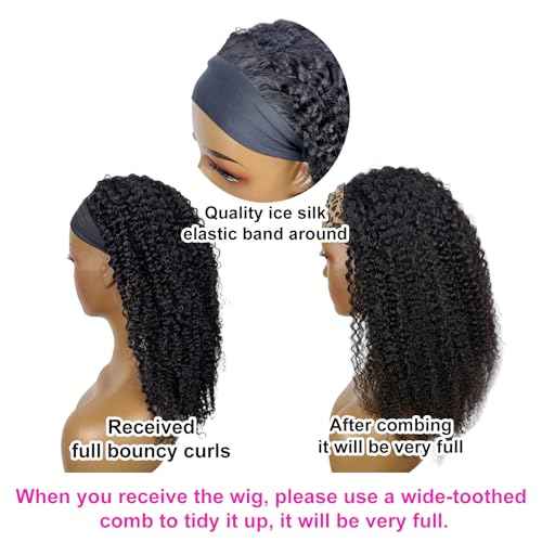 Kinky Curly Headband Wig Human Hair 14 Inch Headband Wigs for Women Human Hair Glueless None Lace Front Curly Wave Wigs Brazilian Virgin Hair Wear and Go Glueless Wig 150% Density Natural Black Color
