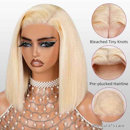 613 Bob Wig Human Hair Wear and Go Glueless Wigs 6x5 Pre Cut 210% Density 613 Blonde Lace Front Wig Human Hair 613 Closure Bob Wig Real Pre Bleached Tiny Knots£¨14inch,613 Glueless bob£©