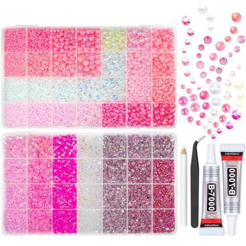 2 Big Boxes Pink Resin Pearls and Rhinestones w B7000 Glue for Bedazzling Crafting Flatback Stones Gems Diamonds Half Pearls Bedazzler Kit for Nails Eyes Face Makeup Tumblers Bottles Crafts