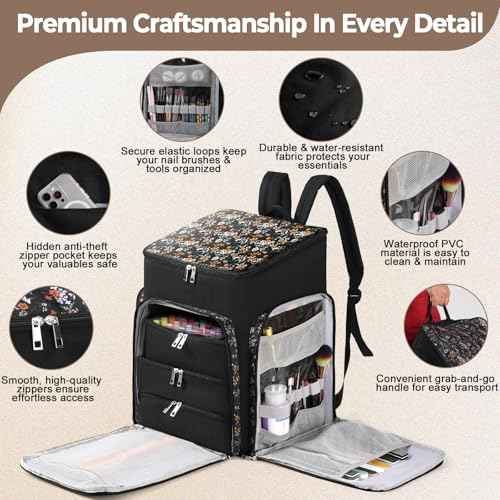 DERSTUEWE Floral Pattern Nail Polish Storage Backpack, Large Capacity Organizer Case with Multiple Compartments, Black