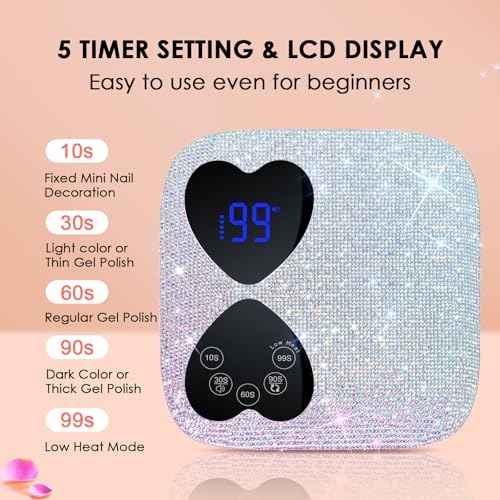 UV LED Nail Lamp Cordless, HUITINE 80W Rechargeable UV Light for Gel Nails, Professional Gel Light Dryer with 5 Timers & Mirror Base, Sparkling Rhinestones Diamond Curing Lamp for Salon & Home