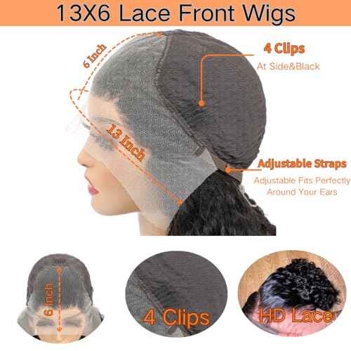 13x6 Deep Wave Lace Front Wigs Human Hair Pre Plucked with Baby Hair Deep Curly Frontal Wig 200 Density Natural Black for Women