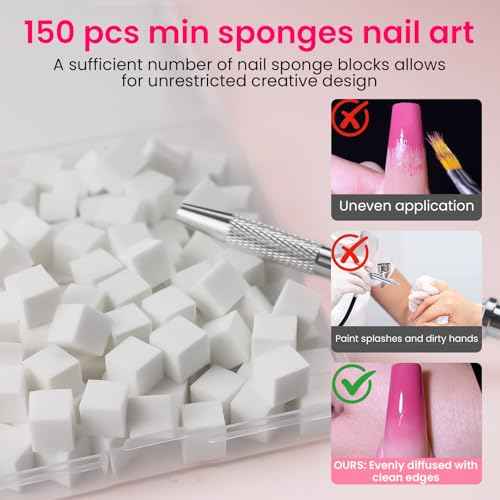 150 PCS Nail Sponges For Ombre Nail Art Supplies Brushes Design Tools Nail Tech Must Haves Accessories With 1 PCS Grab Pen for Salon And Home (White, Medium Pack)