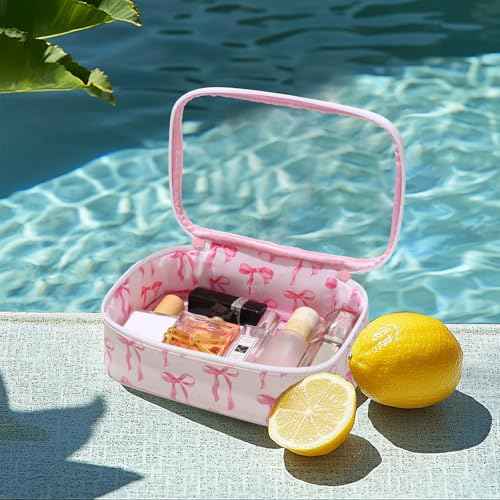 DYSHAYEN Clear Makeup Bag for Women Girls Small Travel Pink Bow Cosmetic Bag Cute Makeup Pouch for Purse Birthday Gifts for Girlfriend Mom Bridesmaid (Pink Bow B)