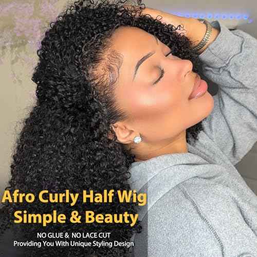 V SHOW Afro Curly Half Wig Human Hair 180% Density Wear Go Glueless Wigs Human Hair 18 Inch Curly 3 In 1 Half Wigs for Women Drawstring Seamless Flip Headband Wig Beginner Friendly