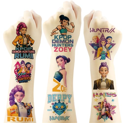 20pcs Demon Movie Hunters Temporary Tattoos for Kids Korean Idol Huntrx,Saja Boys,Jinwoo,Rumi,Tiger Decal Temporary Tattoos Body Stickers for Birthday Party Decorations,DIY Activity Supplies