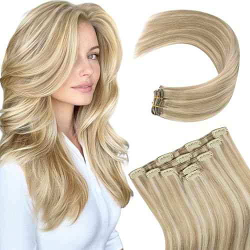 Hair Clip In Hair Extensions Straight Remy Clip In Hair Extensions Real Human Hair Light Blonde Highlighted Golden Blonde 20inch 80g 5pcs