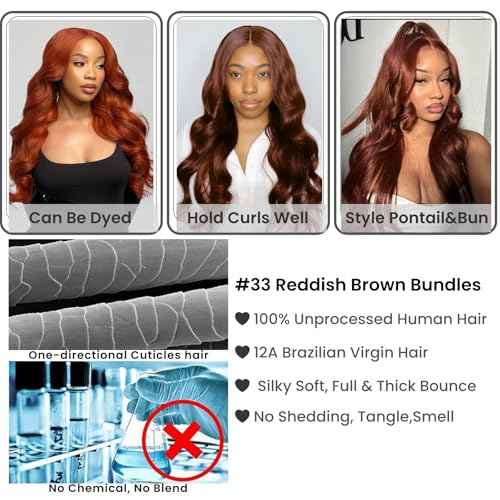 Reddish Brown Bundles Body Wave Human Hair Auburn Brown Copper Red Color 12A Brazilian Virgin Remy Wavy Hair Soft Thick Sew In Weave 3 Bundles 33B Color 14 16 18 Inch
