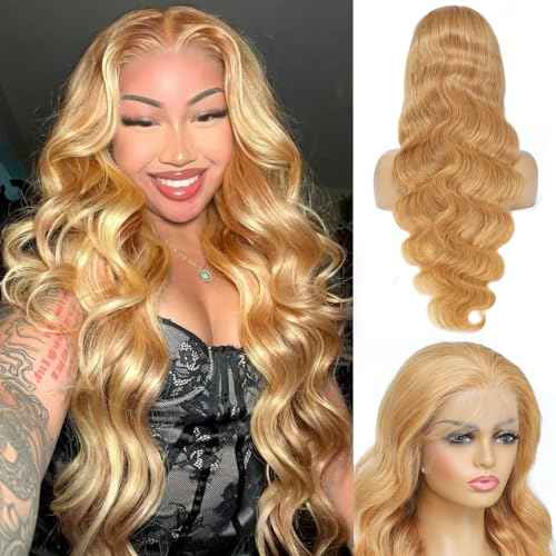 Honey Blonde Wig Human Hair 13x6 Body Wave Hd Lace Front Wigs Human Hair Pre Plucked 27# Colored Blonde Lace Frontal Wig 180% Density Real Hair Wavy Human Lace Front Wigs For Black Women 30Inch