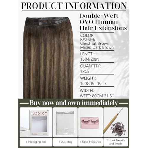 LOXXY OVO Butterfly Weft Hair Extensions Real Human Hair - 16 Inch 100g Invisible Darkest Brown to Chestnut Brown Highlights - Double Weft Bead in Hair Extensions, PU Hole Twin Tab Width 31.5"(80cm)
