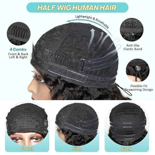 18 Inch Half Wig Burmese Curly Human Hair Wig for Women 250 Density 3 In 1 Seamless Flip Over Half Wigs Beginner Friendly Glueless Wigs Human Hair with Spiral End Natural Color