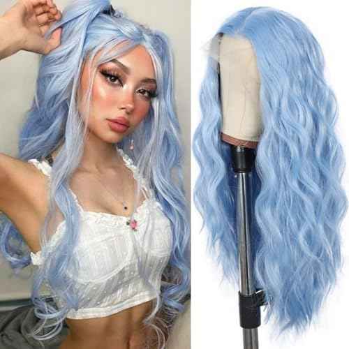 SAPPHIREWIGS Blue Wavy 13¡¿4 Lace Front Wig Long Hair Ice Blue Wigs for Women Heat Resistant Hair Daily Use Cosplay Party Halloween Wig 24inch