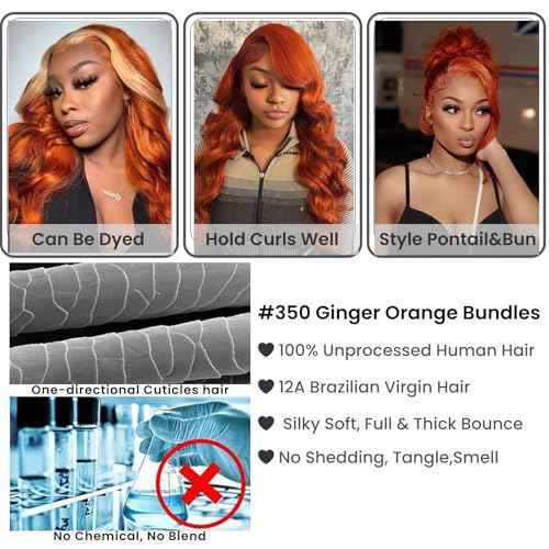 ALHER #350 Ginger Bundles Human Hair Body Wave 100% Brazilian Virgin Remy Human Hair Sew In Weave Wavy 3 Ginger Bundles for Black Women 12A Soft Thick Copper Orange Color 16 18 20 Inch
