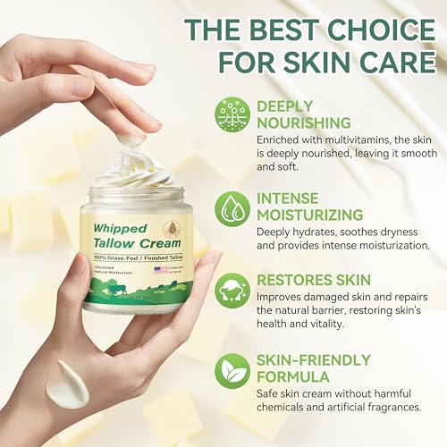 Beef Tallow for Skin, Organic Grass Fed Whipped Beef Tallow Balm Moisturizer Deeply Nourishing for Face & Body, Natural Unscented Tallow Face Moisturizer Cream for Dry Skin, 4oz