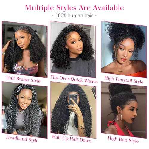 Afro Kinky Curly Human Hair Half Wigs for Black Women Wear & Go Glueless Wigs Human Hair Seamless Kinky Curly Flip Over Drawstring Clip in Half Wig No Sew In 200% Density Natural Color 22 Inch