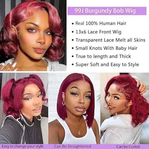 14 Inch Burgundy Bob Wig Human Hair 13x6 99j Burgundy Lace Front Wigs Human Hair Bob Wigs For Black Women 200% Density 99j 13x6 Hd Transparent Lace Front Body Wave Wigs Pre Plucked Pre Cut