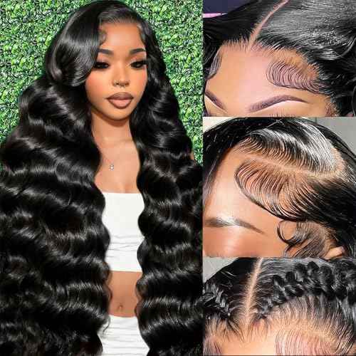 28 Inch 13x6 Lace Front Wigs Human Hair Pre Plucked, Real 10A 180% Density Body Wave HD Transparent Lace Frontal Wigs with Baby Hair for Women, Glueless Wig, Natural Black