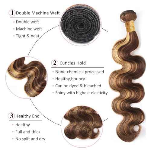 Human Hair Bundles P4/27# Color Body Wave Bundles Human Hair Unprocessed Brazilian Virgin 24 26 28 Inch 3 Bundles Quick Weave Human Hair Extensions (P4/27# Body Wave, 24 26 28)