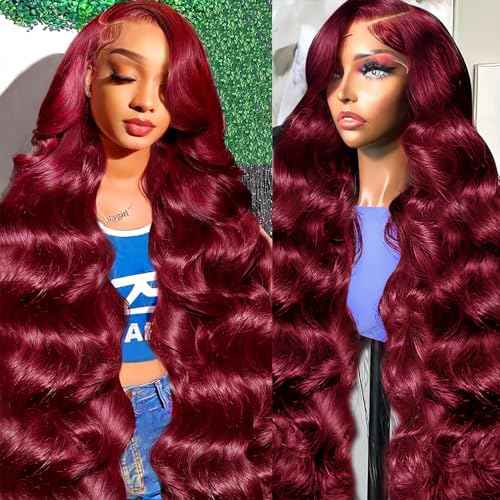 28 Inch 99J Burgundy Lace Front Wigs Human Hair Pre Plucked 13x6 HD Transparent Body Wave Lace Front Wigs 99j Burgundy Red Wine Glueless Frontal Human Hair Wigs for Women