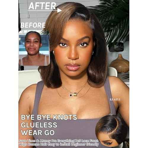 KLAIYI Ombre Brown Layered Bob Wig Human Hair Bye Bye Knots Glueless Wigs Pre Cut 7x5 Lace Front Pre Plucked Bleached Drawstring Ready to Wear and Go Wig with Dark Roots Chestnut Brown Straight 12Inch